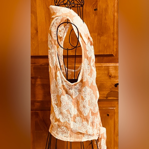 Wet Seal Sheer Button Up Front Tie Blouse Juniors Large Orange White Floral - Picture 5 of 6